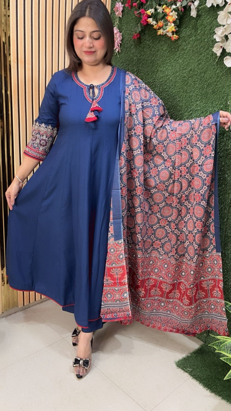 Elegant Glace Rayon Modal Embroidered Anarkali Suit | Blue
