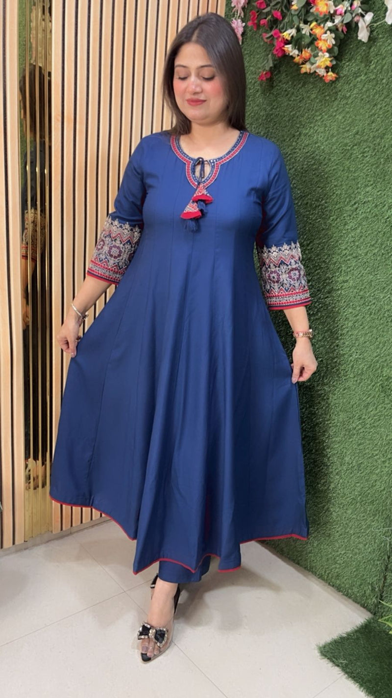 Elegant Glace Rayon Modal Embroidered Anarkali Suit | Blue