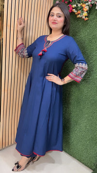 Elegant Glace Rayon Modal Embroidered Anarkali Suit | Blue