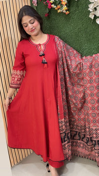 Elegant Glace Rayon Modal Embroidered Anarkali Suit | Red