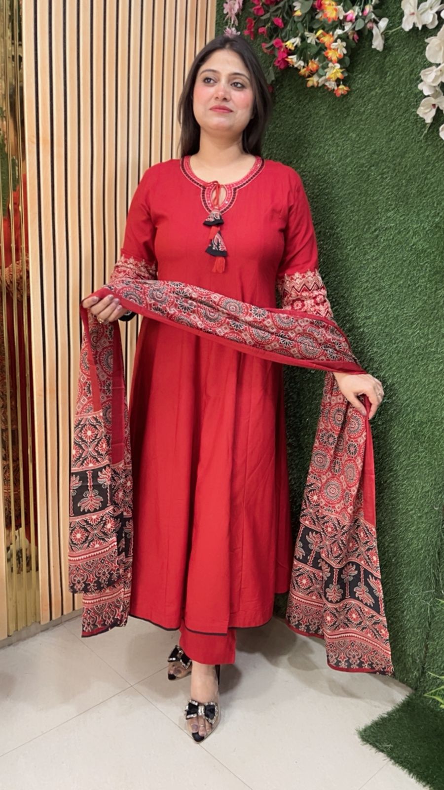 Elegant Glace Rayon Modal Embroidered Anarkali Suit | Red