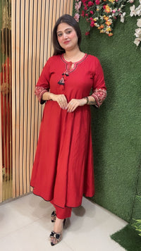 Elegant Glace Rayon Modal Embroidered Anarkali Suit | Red