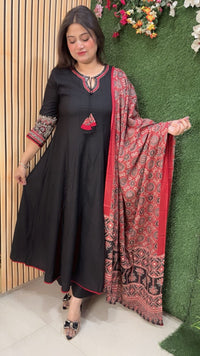 Elegant Glace Rayon Modal Embroidered Anarkali Suit | Black