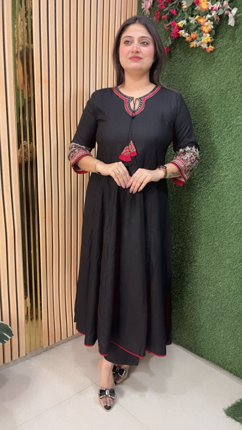 Elegant Glace Rayon Modal Embroidered Anarkali Suit | Black