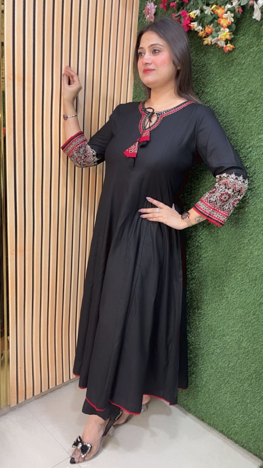 Elegant Glace Rayon Modal Embroidered Anarkali Suit | Black