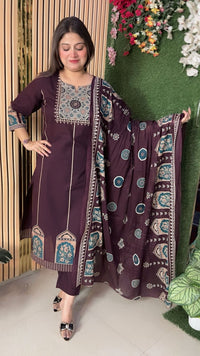 Elegant Pure Cotton 3-Piece Kurta Set | Deep Wine