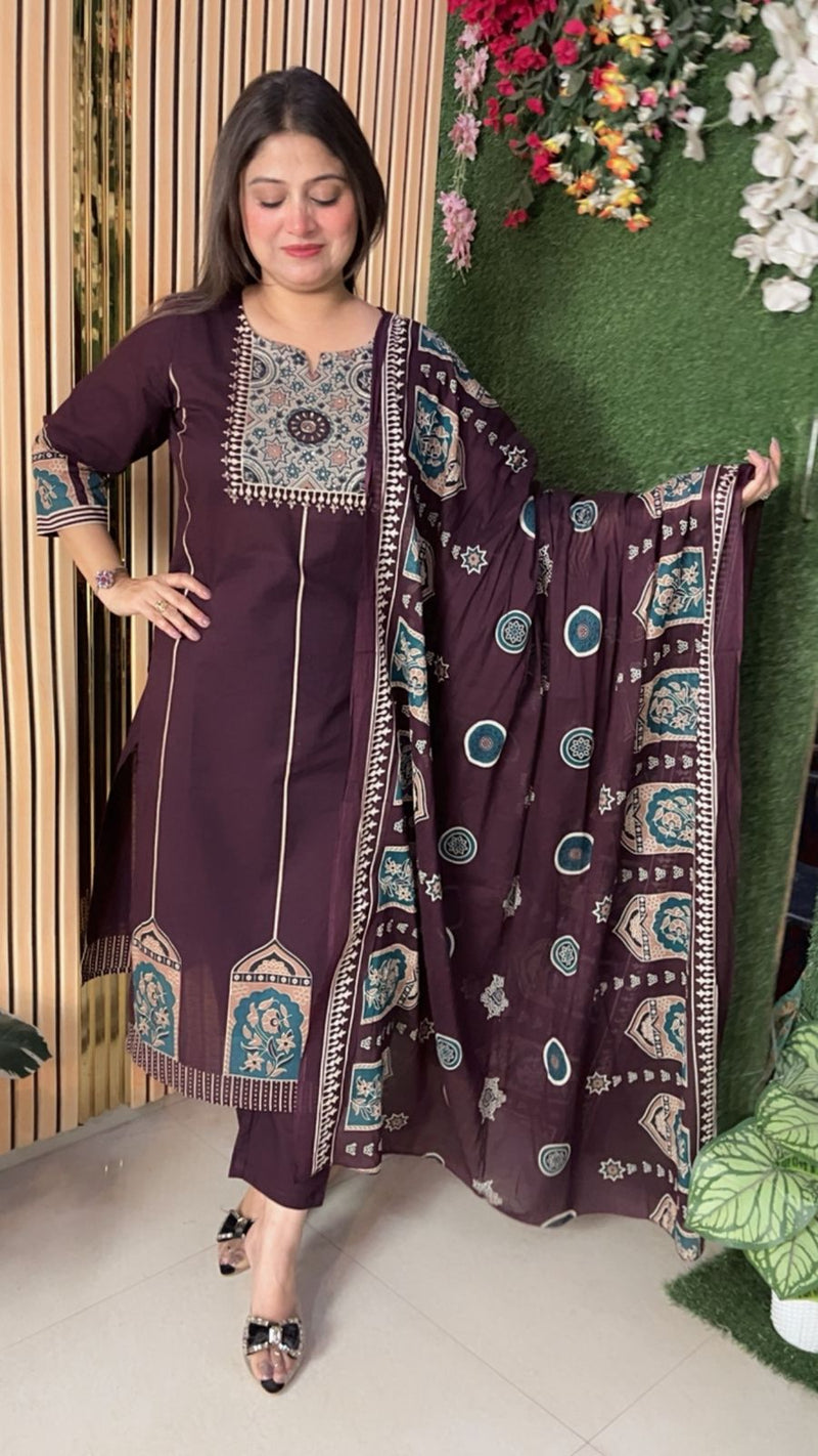 Elegant Pure Cotton 3-Piece Kurta Set | Deep Wine