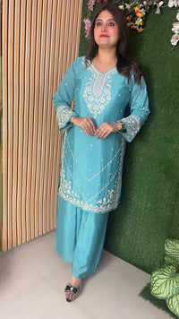 Premium Festival Wear Pure Chinon 3-Piece Kurta Set with Handwork & Santoon Lining – 3/4 Sleeves