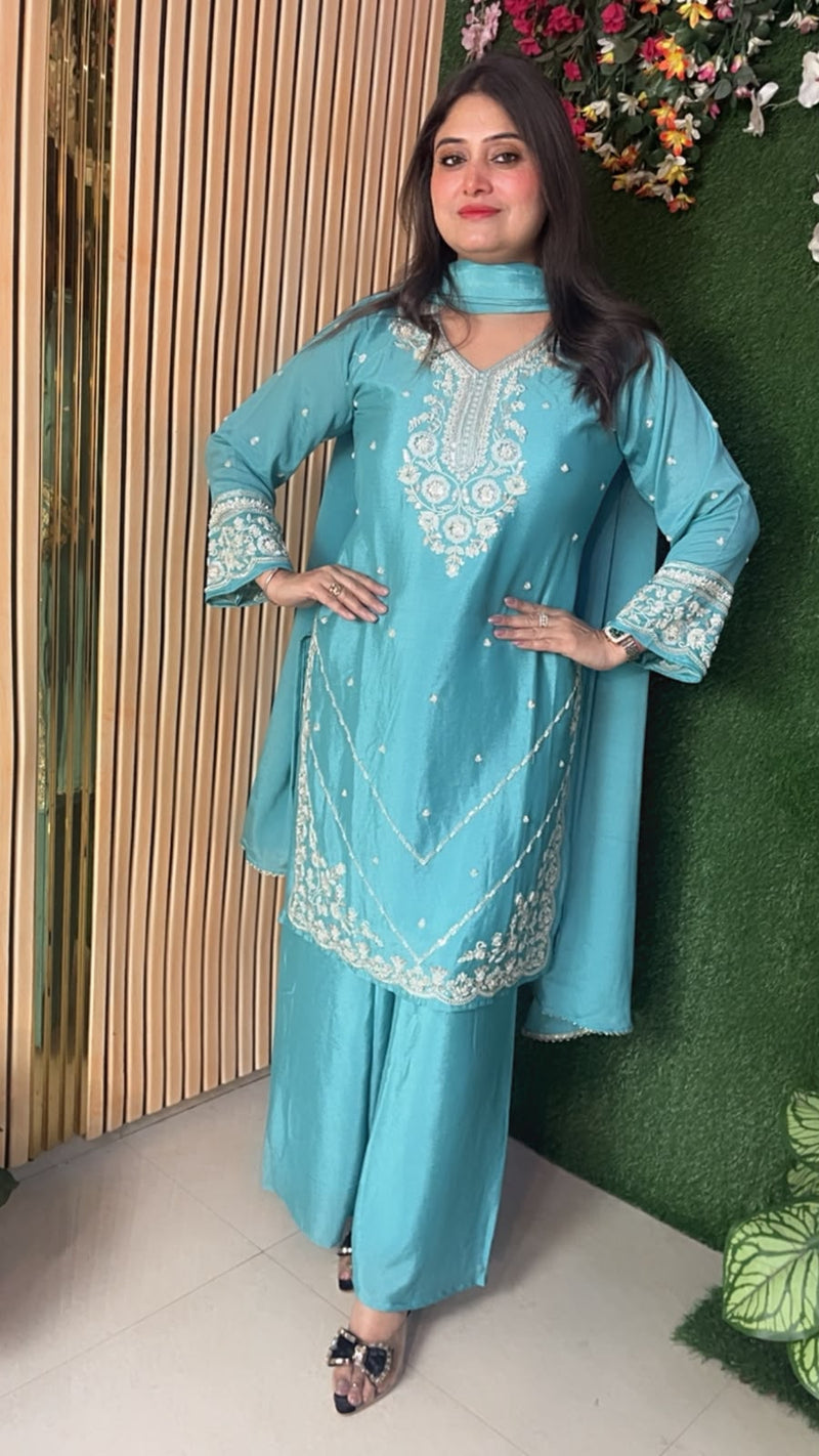 Premium Festival Wear Pure Chinon 3-Piece Kurta Set with Handwork & Santoon Lining – 3/4 Sleeves