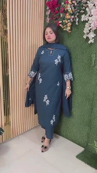 Elegant Pure Cotton Embroidered 3-Piece Kurta Set