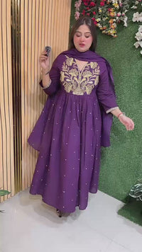 Elegant Pure Cotton Embroidered Anarkali Suit – 3/4 Sleeves | Purple