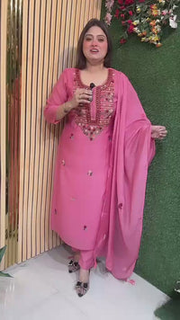 Mal Chanderi Kurta Set with Kantha & Mirror Work – Festive Wear | Pink