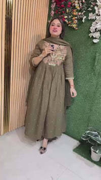 Elegant Pure Cotton Embroidered Anarkali Suit – 3/4 Sleeves | Green