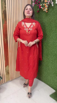 Premium A-Line Pure Cotton 3-Piece Kurta Set with Embroidery Handwork & Original Mirror Work