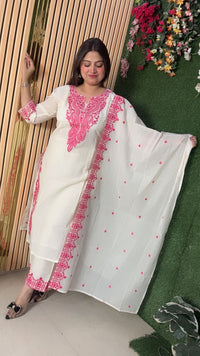 cotton three piece kurta set with embroidery wrok