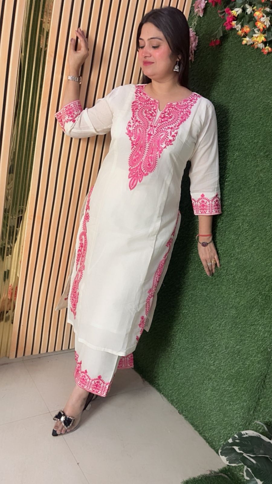 cotton three piece kurta set with embroidery wrok