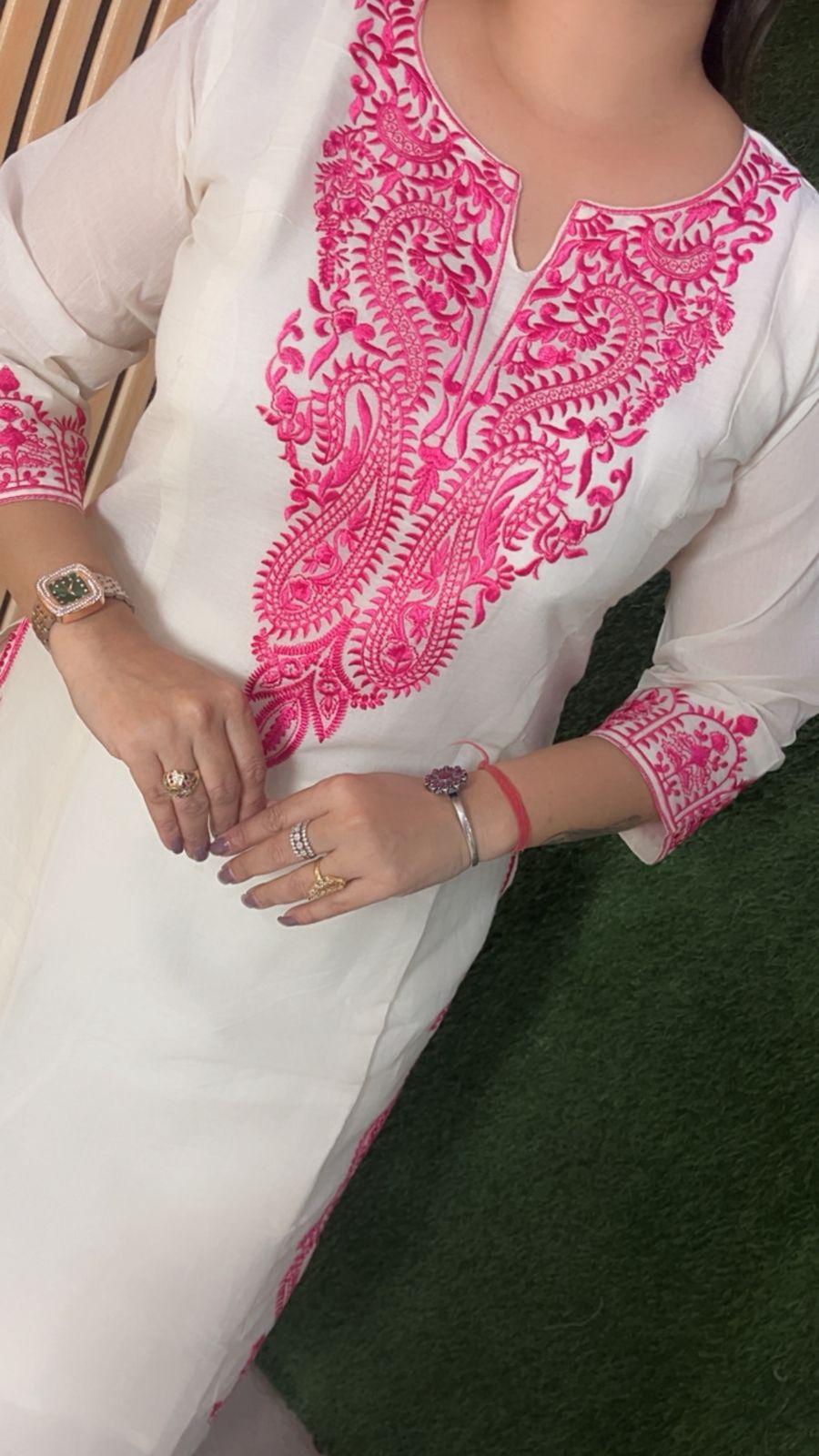 cotton three piece kurta set with embroidery wrok
