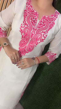 cotton three piece kurta set with embroidery wrok